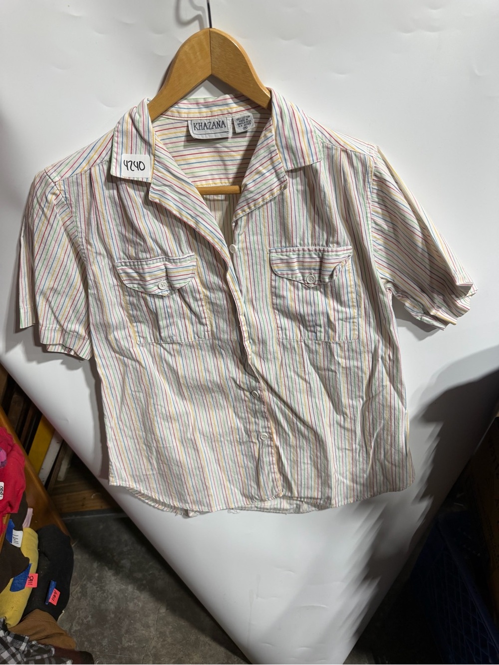 #4240-Cream Multi-Stripe Short Sleeve Button-Down Shirt
